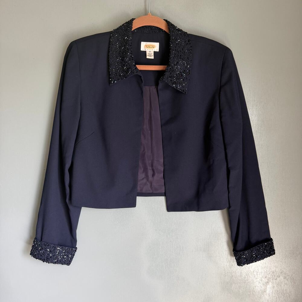 Vintage TALBOTS Women's 10 Petite Blue Beaded Open Front Formal Cropped Jacket